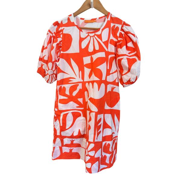 Oliphant RARE Puff Sleeve Crew Neck Mini Dress Orange Twiggy Print XXS Oversized - Picture 1 of 9